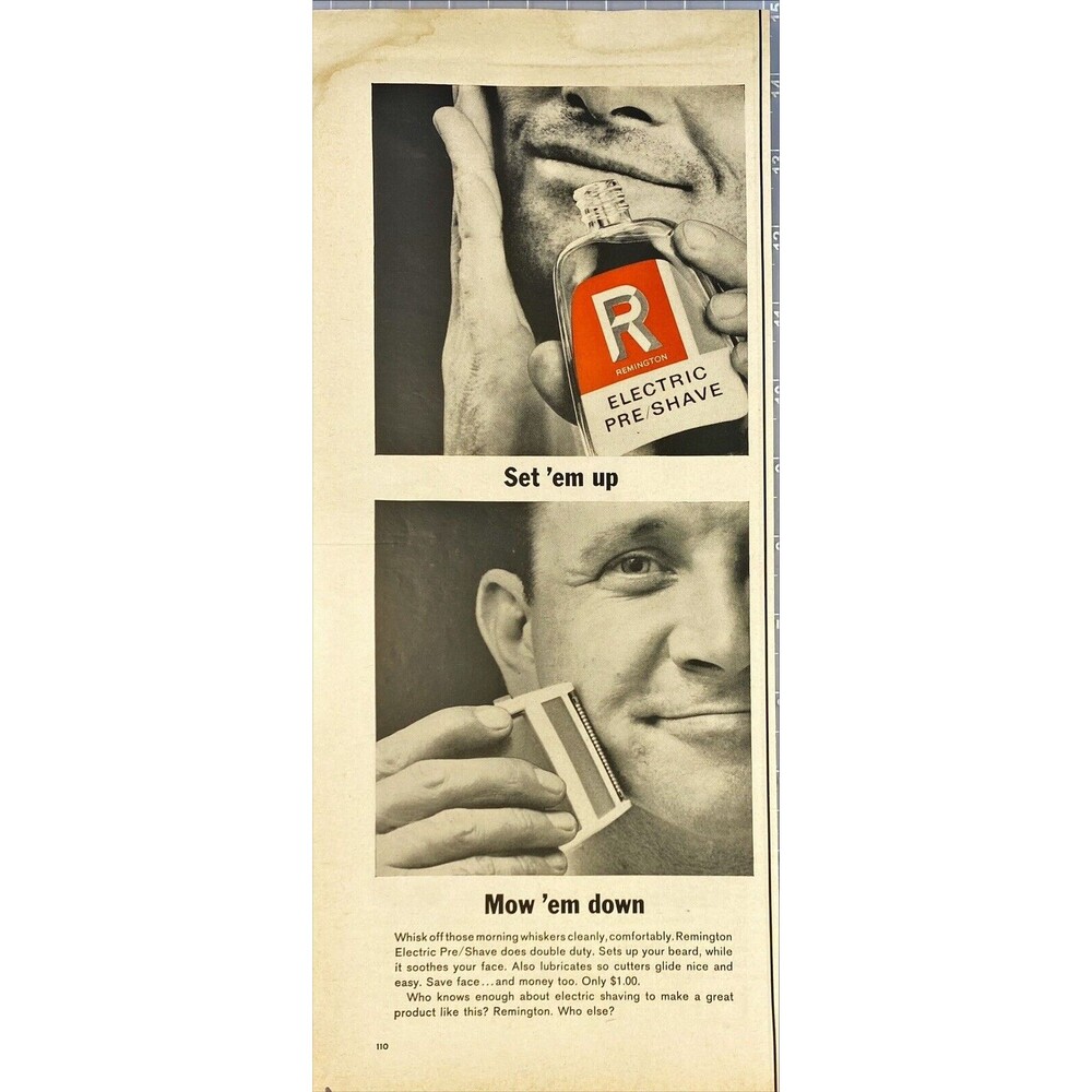 Remington Electric Pre-Shave "Set 'em up Mow 'em down" Vintage Print Ad 1963
